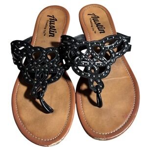 Austin Trading‎ Co Womens 8 Black Studded Laser Cut Medallion Thong Sandals FAIR